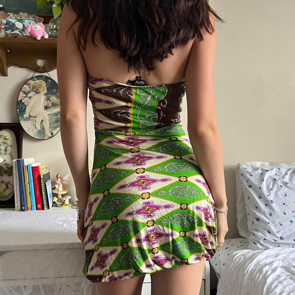 Sky Y2K Strapless Printed Mini Dress Brown Lime Green Boho Bubble Hem Small - Picture 3 of 5
